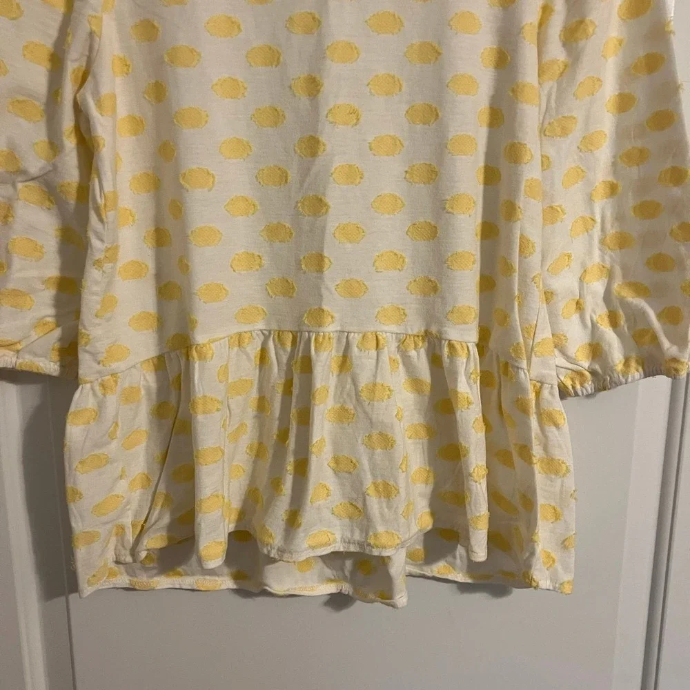 LOFT yellow &‎ white swiss dot peplum blouse with 7/8 puff sleeves women's sz S